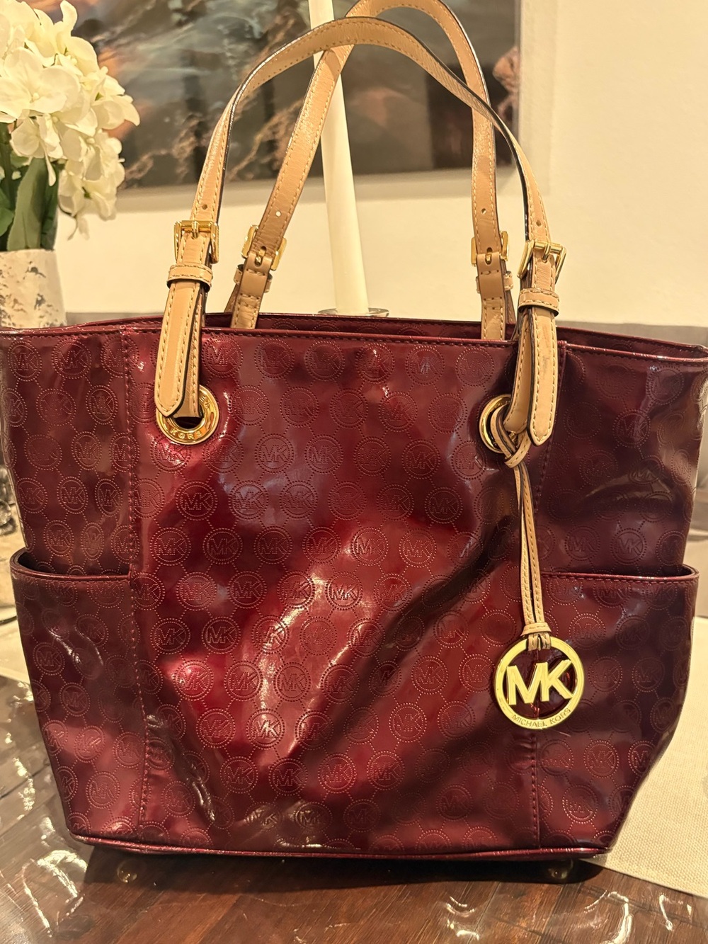Michael Kors Burgundy Patent Tote with Tan Handles and Gold MK Charm